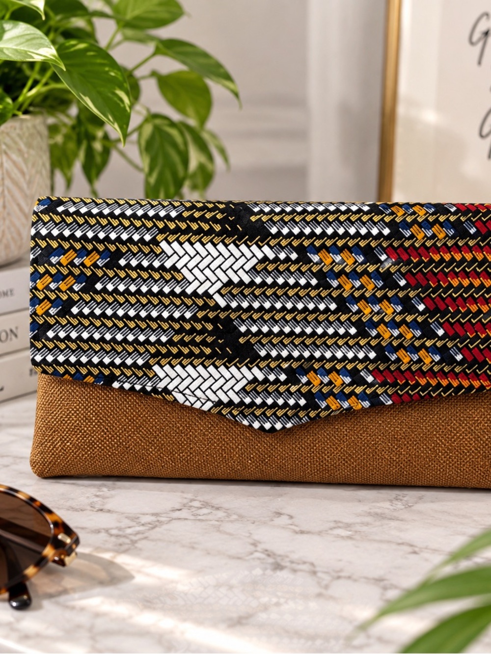 Woven Multicolor Flap Clutch with Tan Base